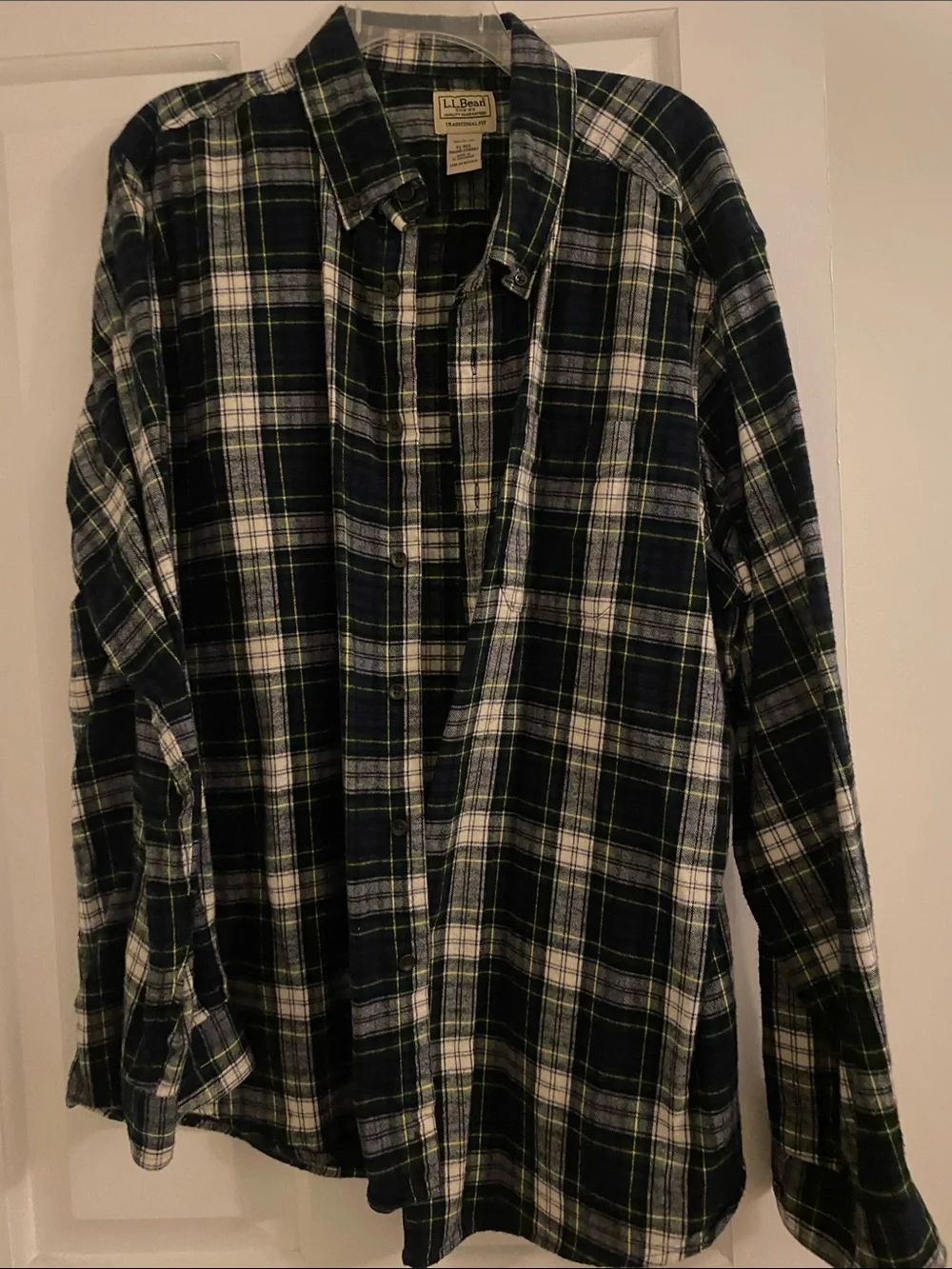 L.L. Bean Men's Navy, Green and White Plaid Button-Down Shirt